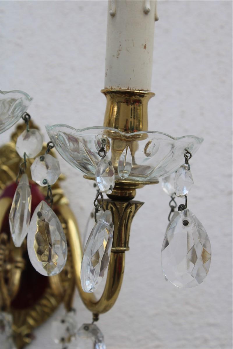 Pair of Wall Lamps in Brass and Mid-Century Italian Crystal Enamels 1950s For Sale 8