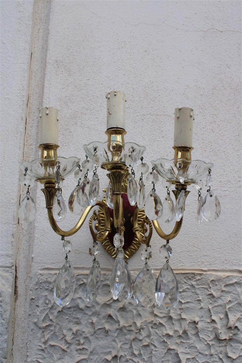 Pair of Wall Lamps in Brass and Mid-Century Italian Crystal Enamels 1950s For Sale 9