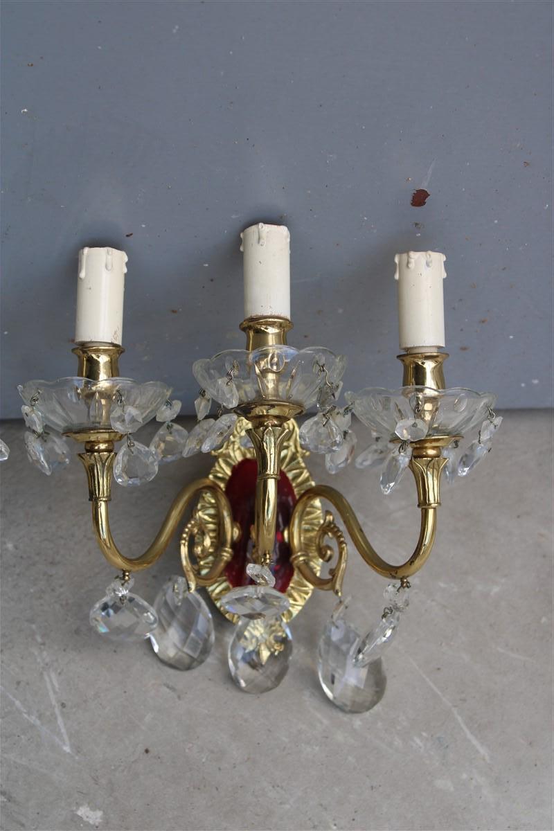Mid-Century Modern Pair of Wall Lamps in Brass and Mid-Century Italian Crystal Enamels 1950s For Sale