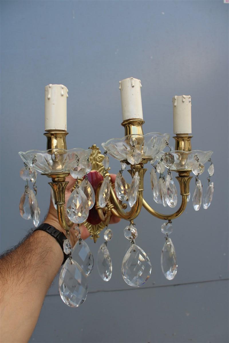 Mid-20th Century Pair of Wall Lamps in Brass and Mid-Century Italian Crystal Enamels 1950s For Sale