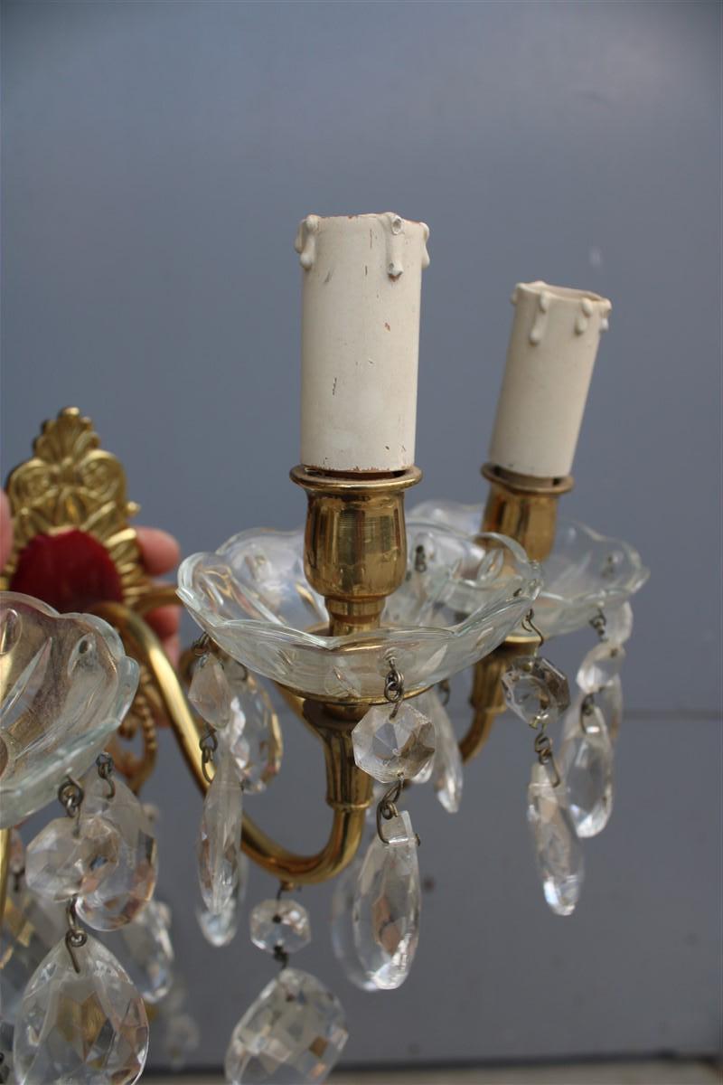 Pair of Wall Lamps in Brass and Mid-Century Italian Crystal Enamels 1950s For Sale 1