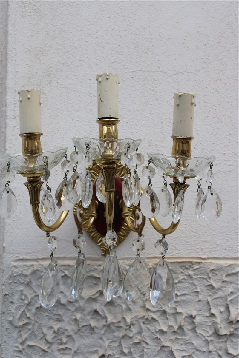 Pair of Wall Lamps in Brass and Mid-Century Italian Crystal Enamels 1950s For Sale 3