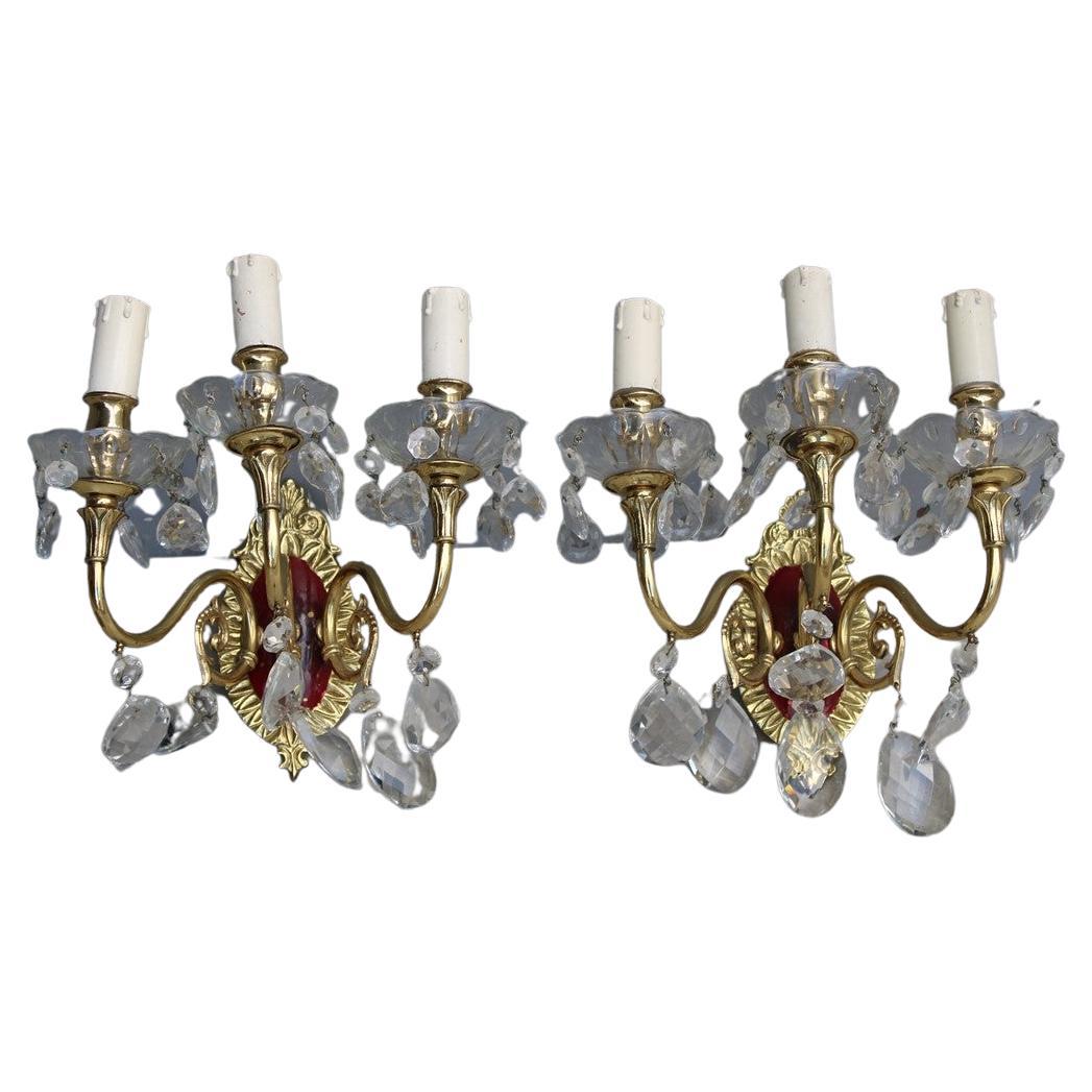 Pair of Wall Lamps in Brass and Mid-Century Italian Crystal Enamels 1950s For Sale