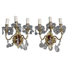 Pair of Wall Lamps in Brass and Mid-Century Italian Crystal Enamels 1950s