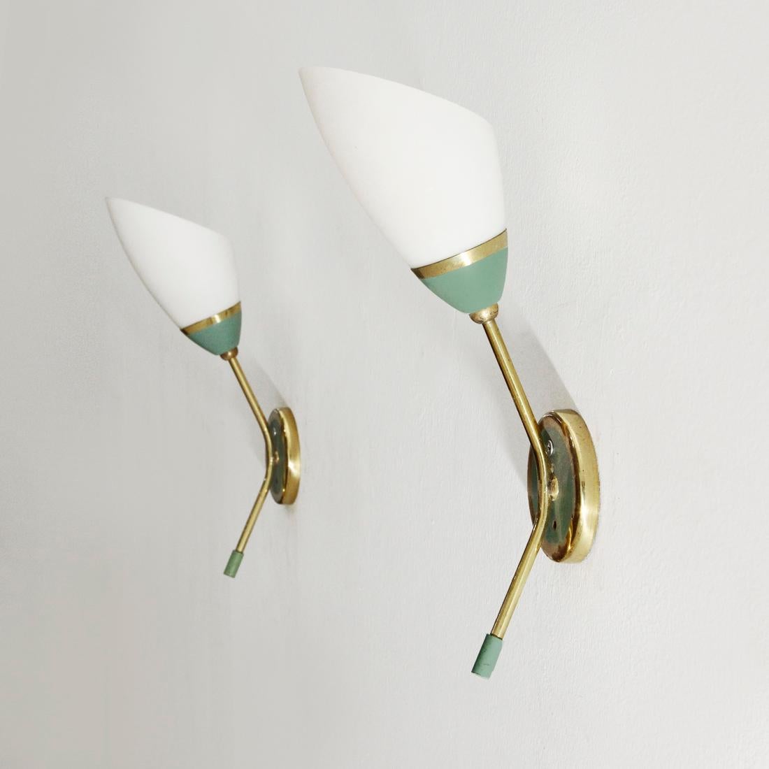 Mid-Century Modern Pair of Wall Lamps in Brass and Opal Glass, 1950s