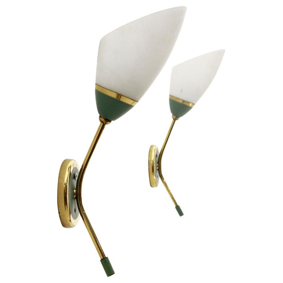 Pair of Wall Lamps in Brass and Opal Glass, 1950s