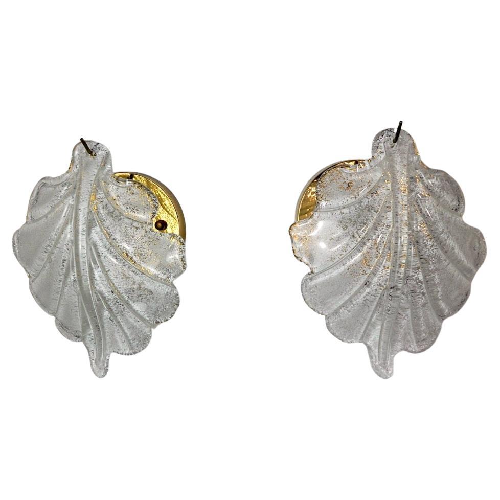 Pair of Wall Lamps "Leaf" by Murano Mazzega in Frosted Glass Italy 1970 For Sale