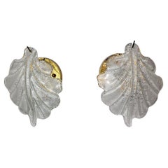 Vintage Pair of Wall Lamps "Leaf" by Murano Mazzega in Frosted Glass Italy 1970