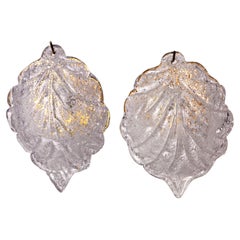 Vintage Pair of Wall Lamps Leaf by Murano Mazzega in Frosted Glass Italy 1970