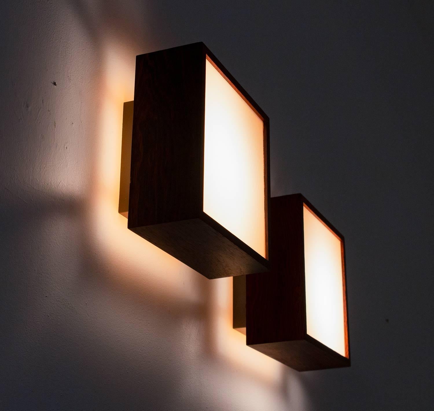 20th Century Pair of Wall Lamps / Sconces in Rosewood and Glass, by Falkenbergs, Sweden