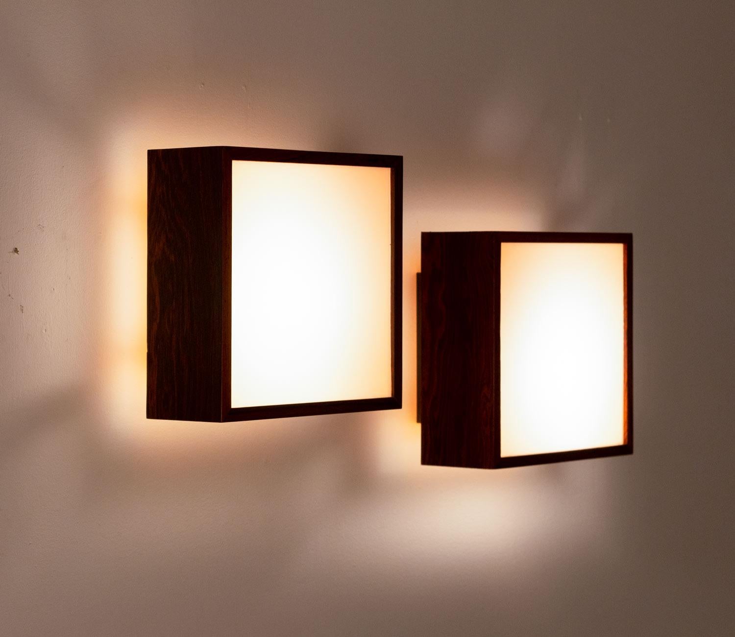 Pair of Wall Lamps / Sconces in Rosewood and Glass, by Falkenbergs, Sweden 1