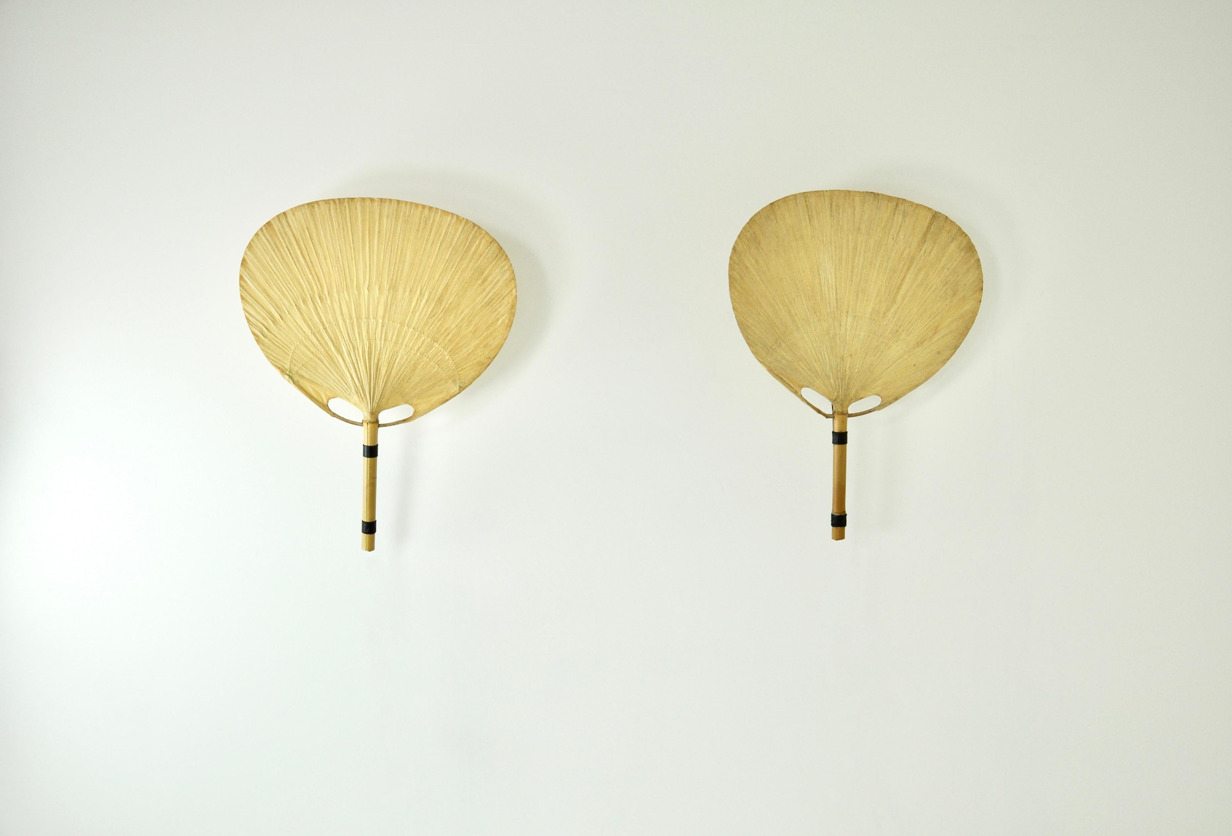 Large pair of bamboo and paper sconces mounted on a metal base by Ingo Maureur. Model: Uchiwa . Wear due to time and age
For shipping, request us for receive the best price.