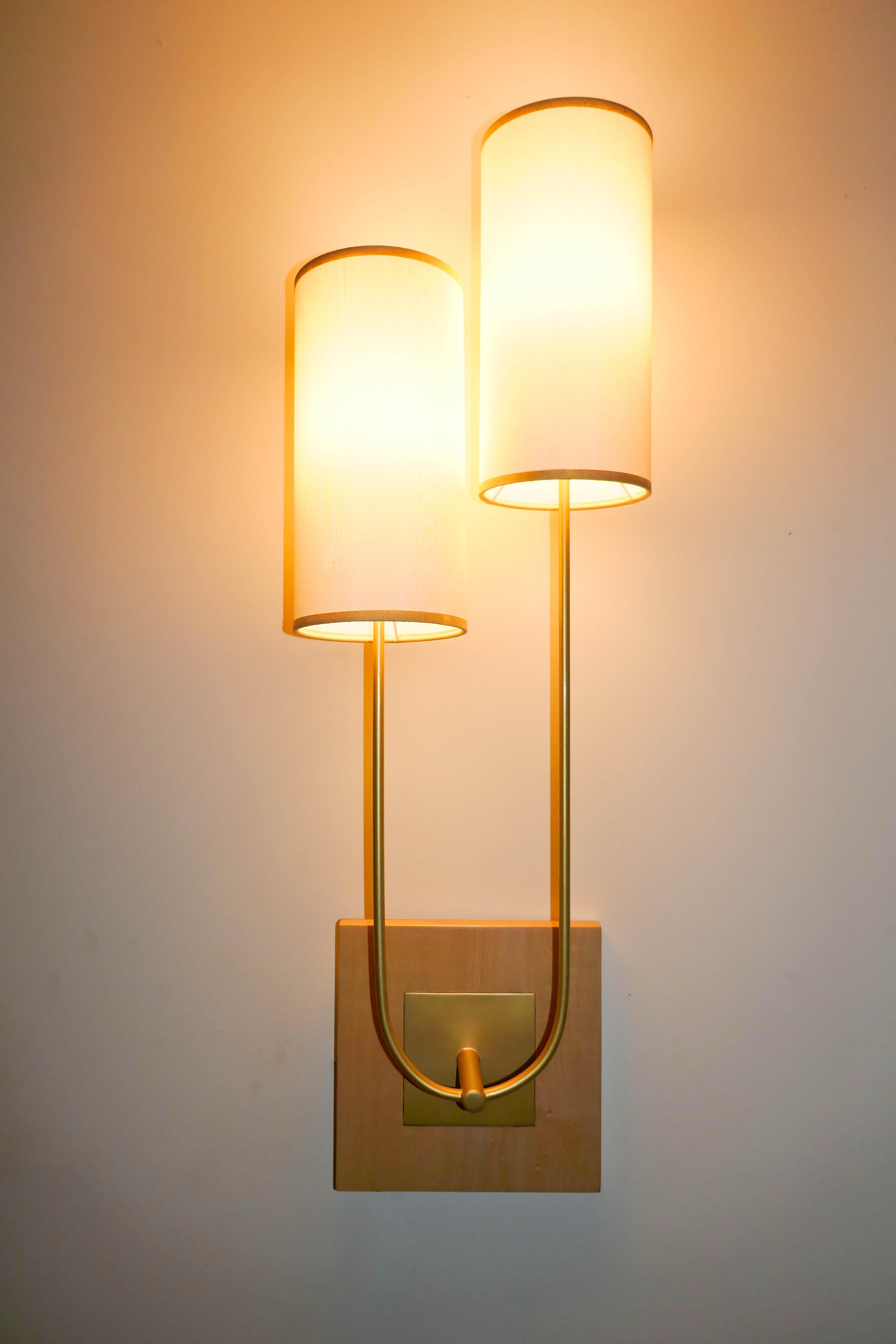 French Pair of Wall Light in Metal Gold bronze  Patina by Aymeric Lefort For Sale
