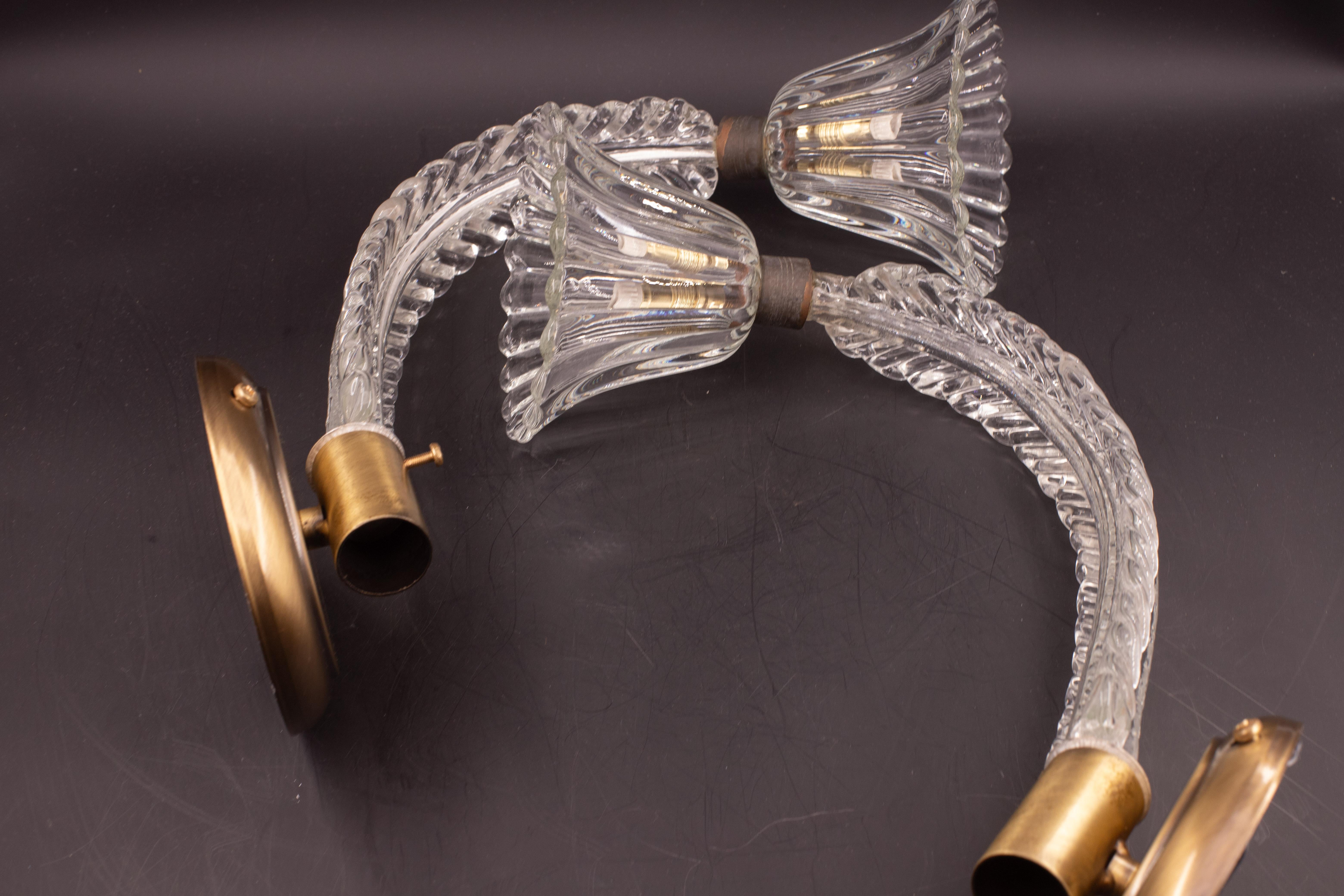 Pair of Wall Light Sconces by Barovier & Toso Glass Murano, Italy, 1950 For Sale 4