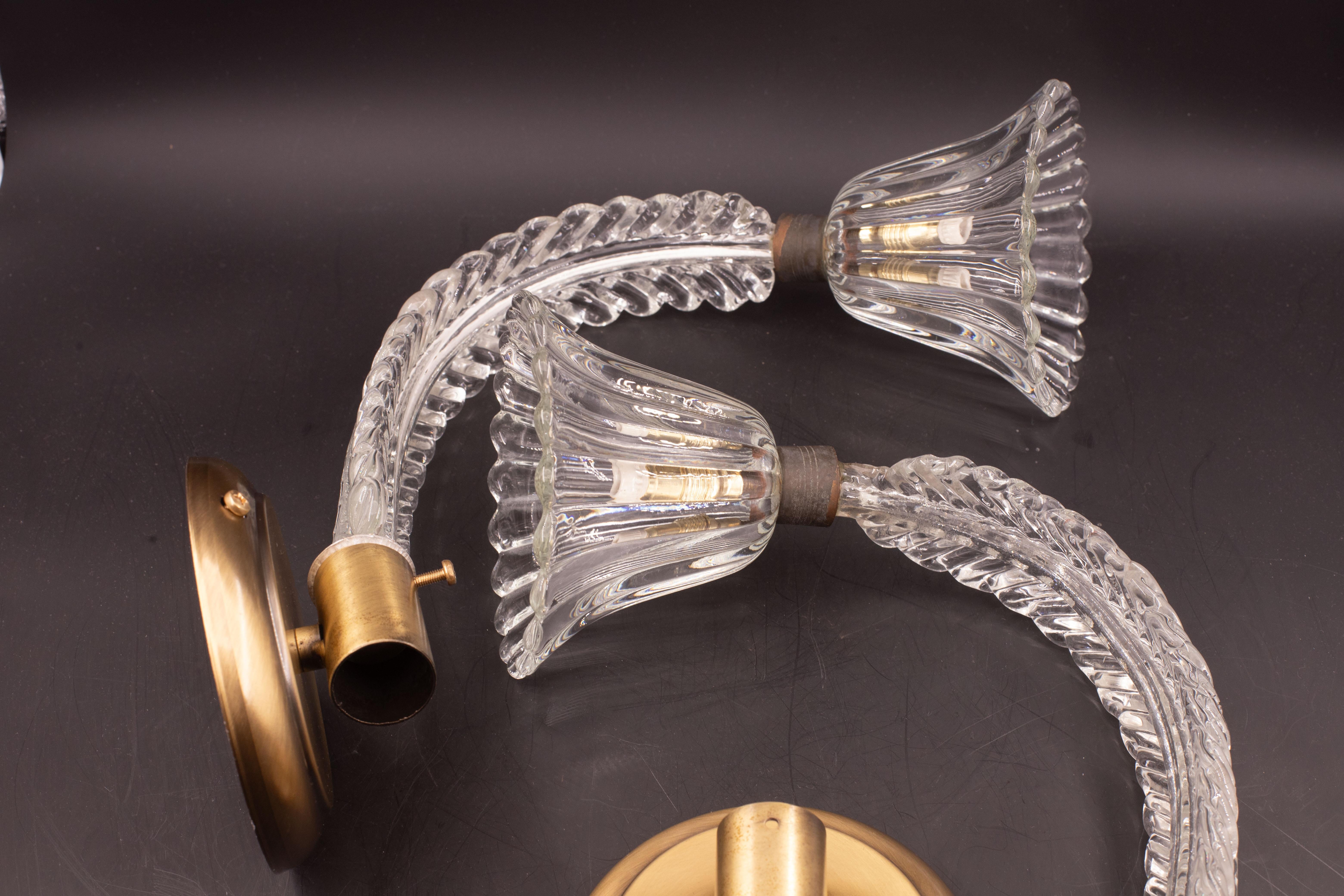 Pair of Wall Light Sconces by Barovier & Toso Glass Murano, Italy, 1950 For Sale 6