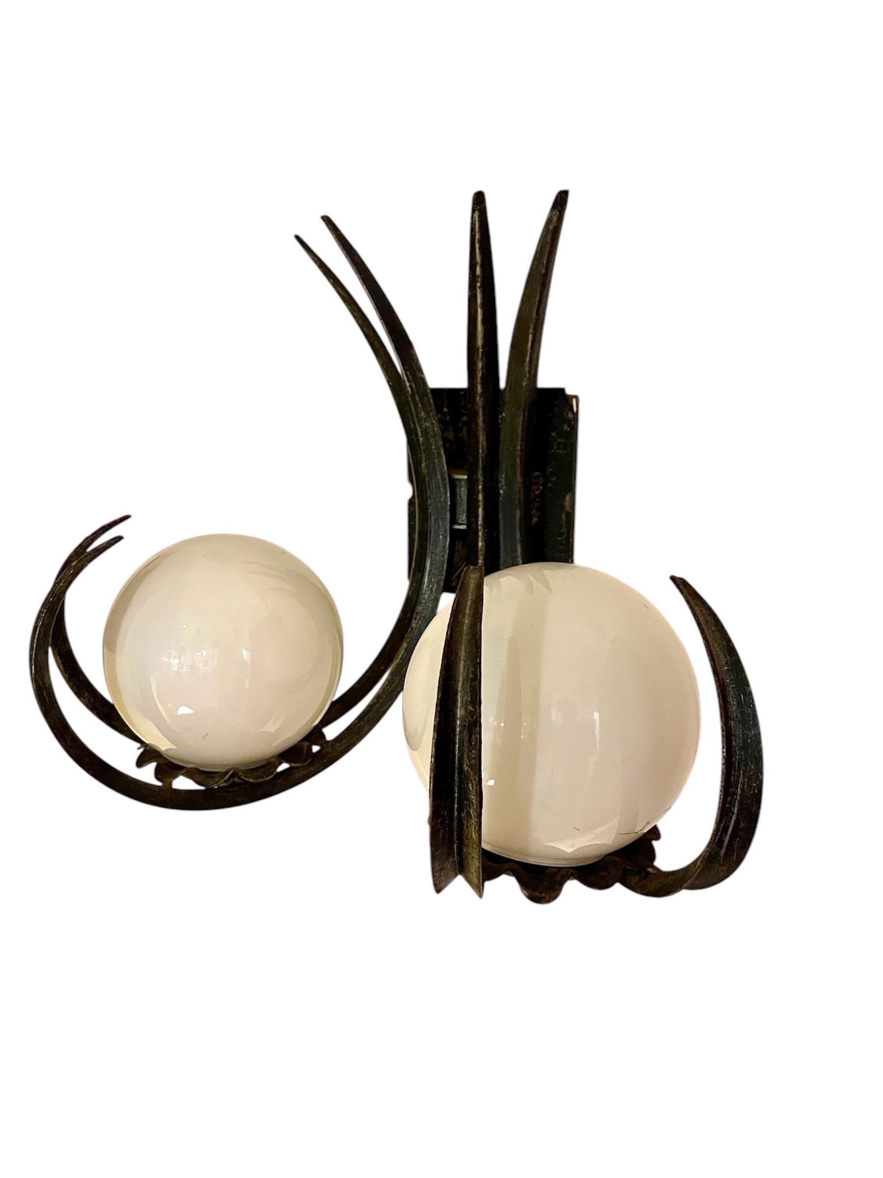 Spanish Pair of Wall lighting Brutalist metal with glass , 1960s For Sale