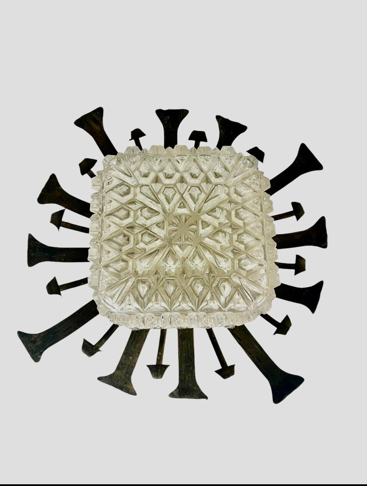 Spanish Pair of Wall lighting Brutalist metal with glass Helena Tynell Attr, 1960s