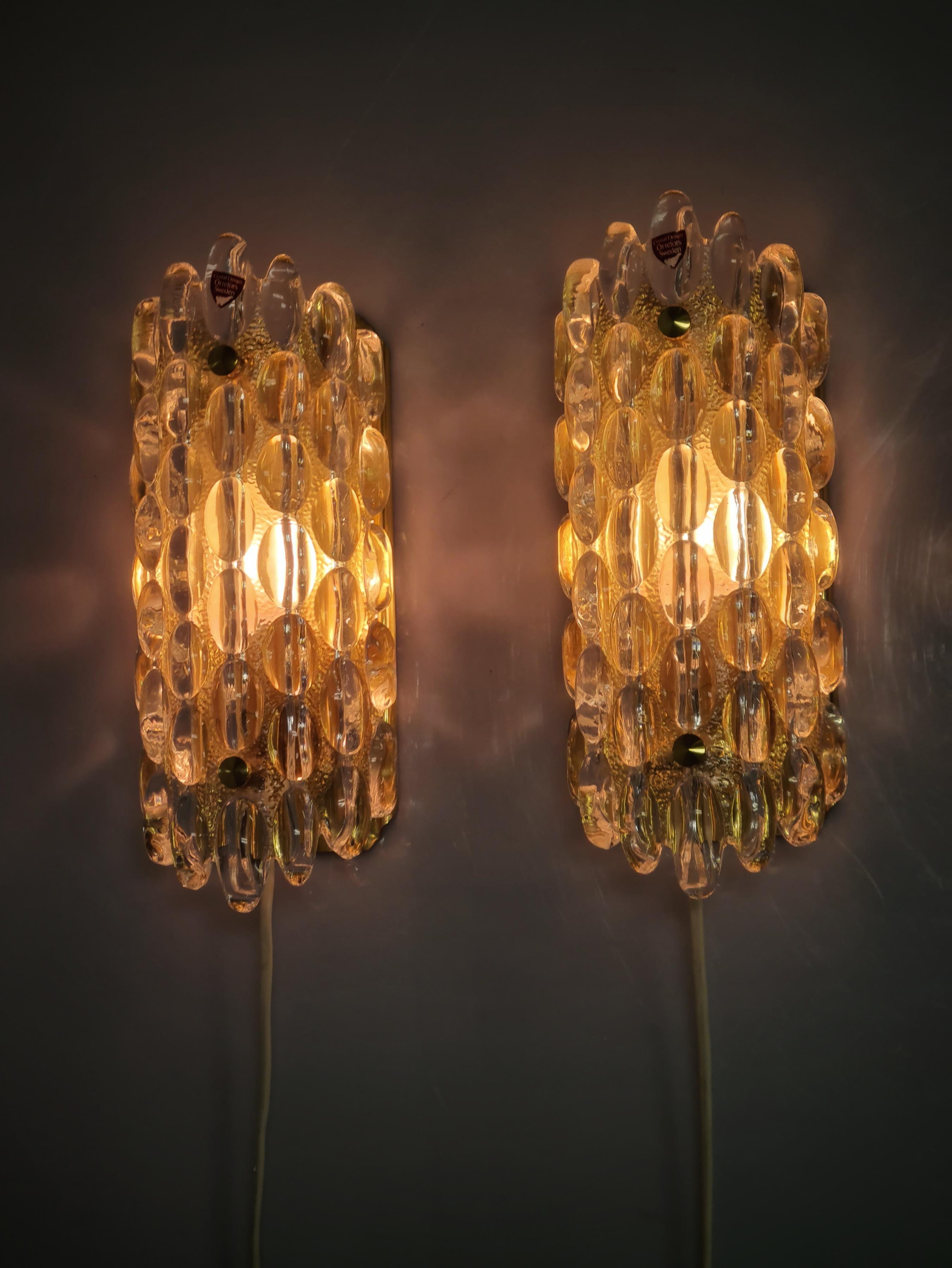 Coppia di lampade da parete, Carl Fagerlund, vetro e ottone, Orrefors Svezia anni '70 in vendita 3
