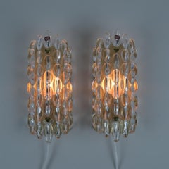 Pair of Vintage Scones, Carl Fagerlund, Glass & Brass, Orrefors Sweden 1970s