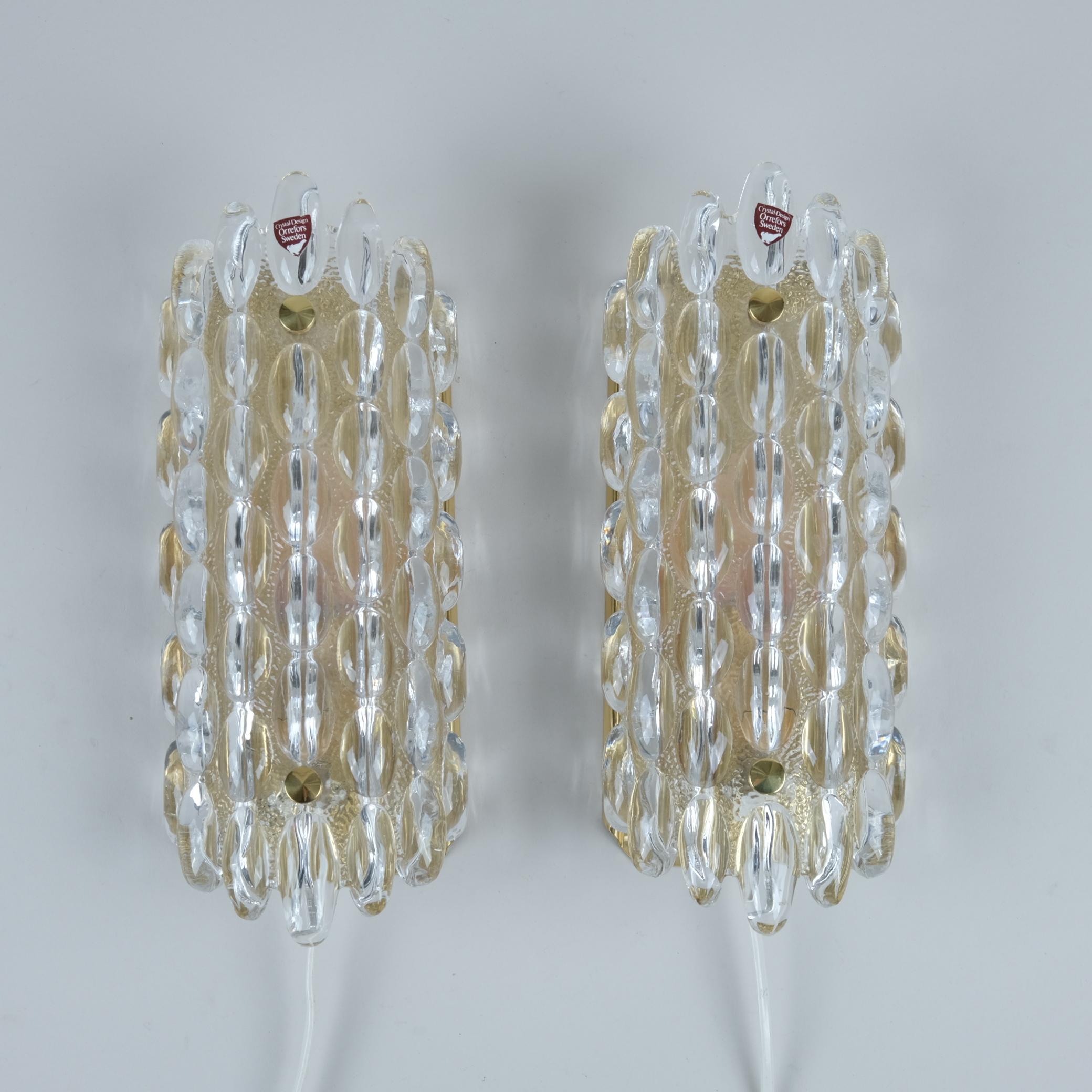 Fine XX secolo Coppia di lampade da parete, Carl Fagerlund, vetro e ottone, Orrefors Svezia anni '70 in vendita