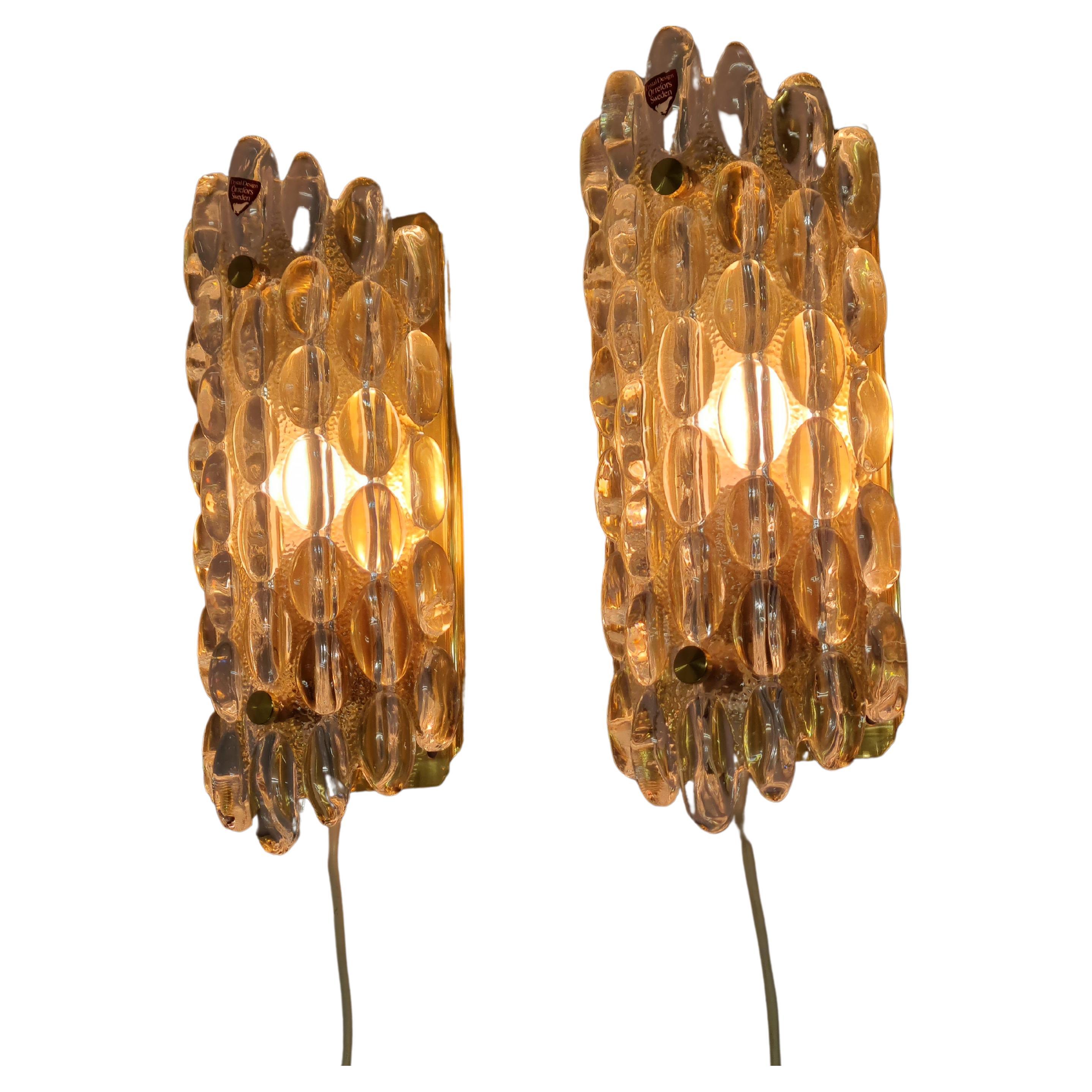 Paar Wandleuchten, Carl Fagerlund, Glas & Messing, Orrefors Schweden 1970s