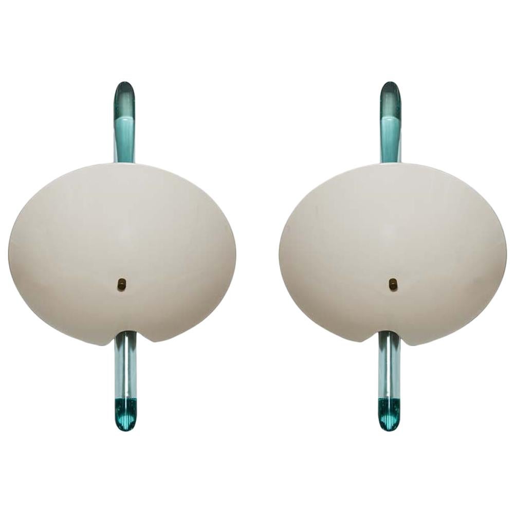 Pair of Wall Lights Cream Enamelled Shades Clear Glass Design by Roberto Rida
