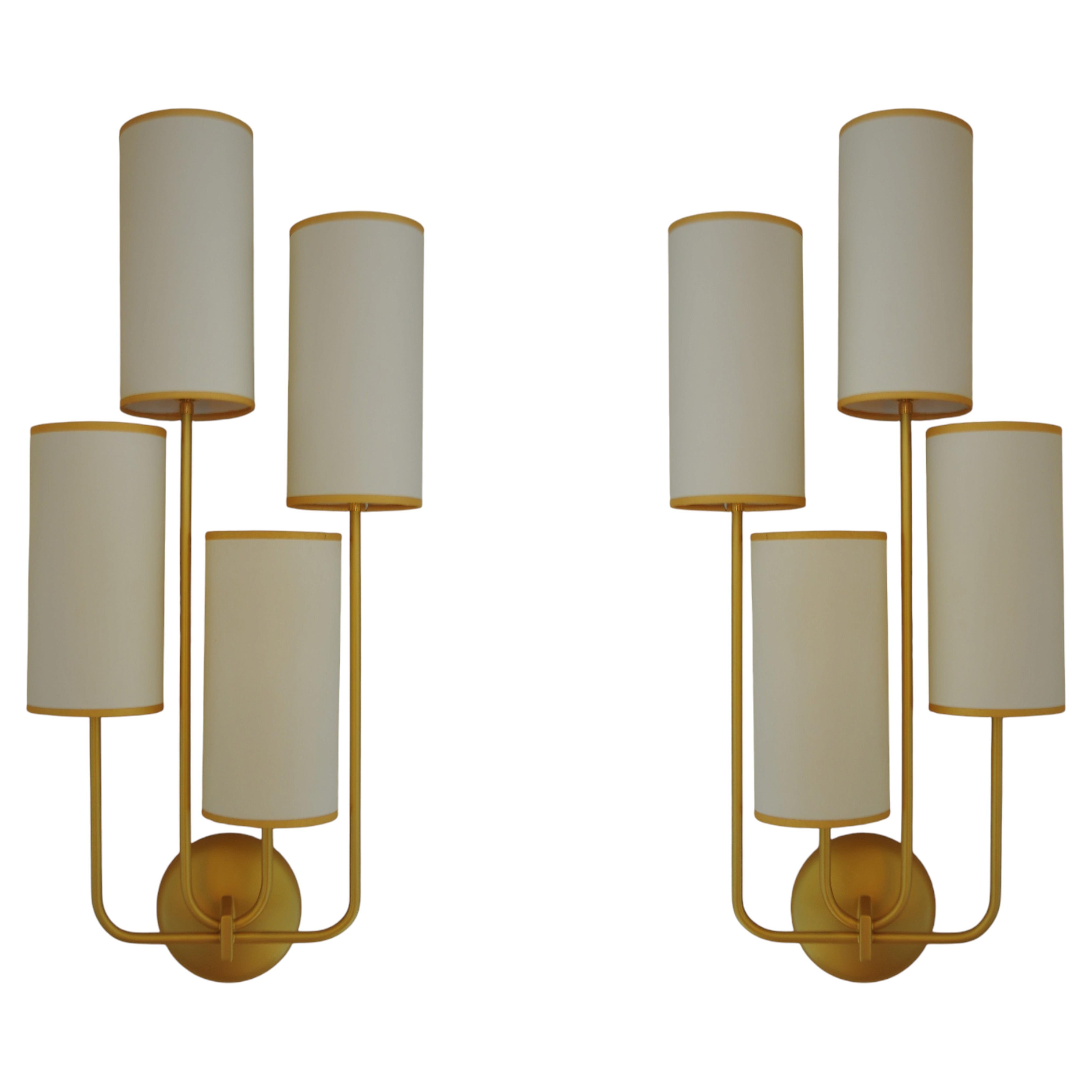 Pair of Wall Lights "Elevation 4" In Gold Patina White Lampshades