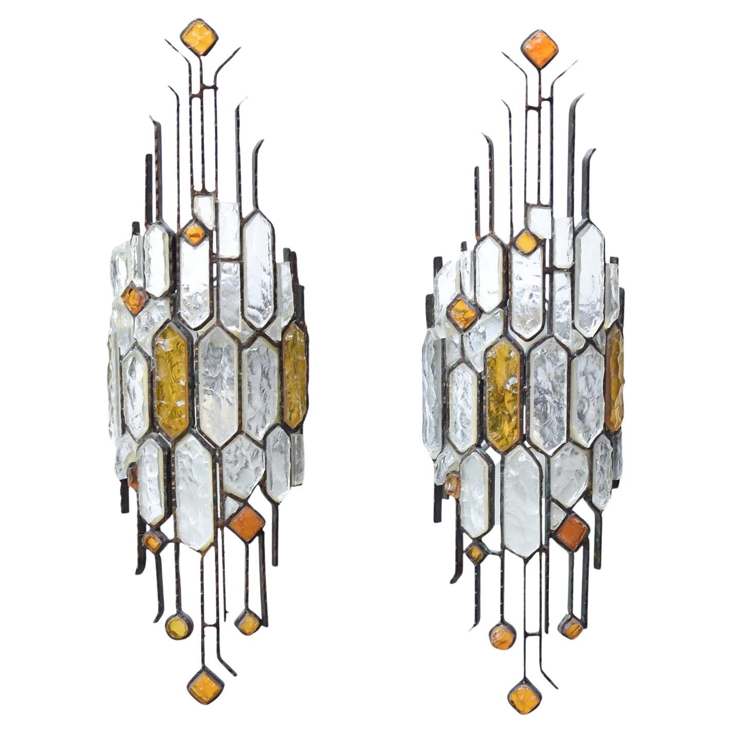 Paire d'appliques Hammered Clear and Amber Italian Design/One par Longobard en vente