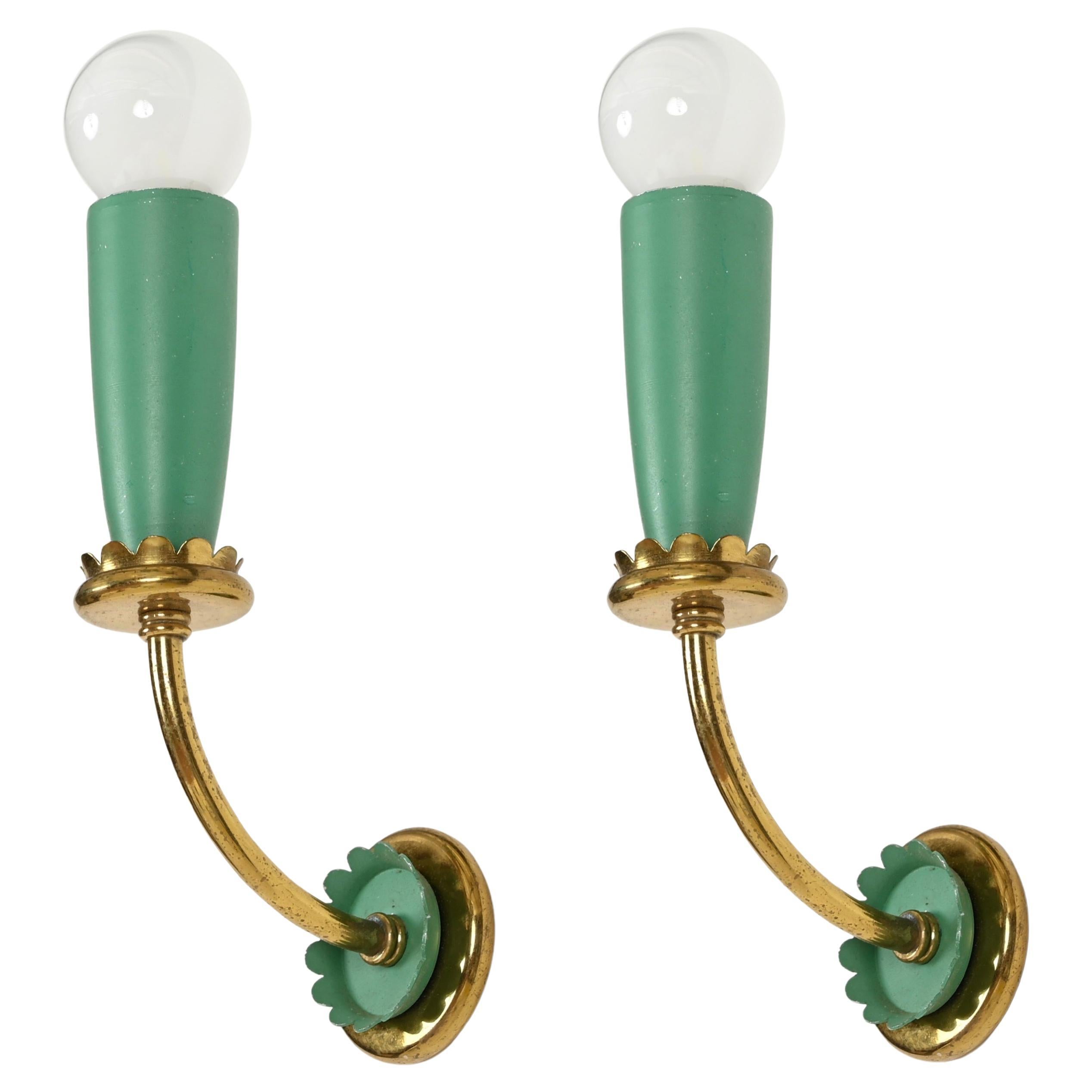 Paire d'appliques en laiton et métal vert par Oscar Torlasco, Italie, années 1950 en vente 1