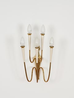 Pair of Wall Lights in Brass and White Enameled Metal, Ponti Style, Italy 1950s