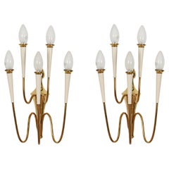 Pair of Wall Lights in Brass and White Enameled Metal, Ponti Style, Italy 1950s