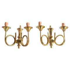 Antique Pair of Wall Lights in Brass with Two Arms
