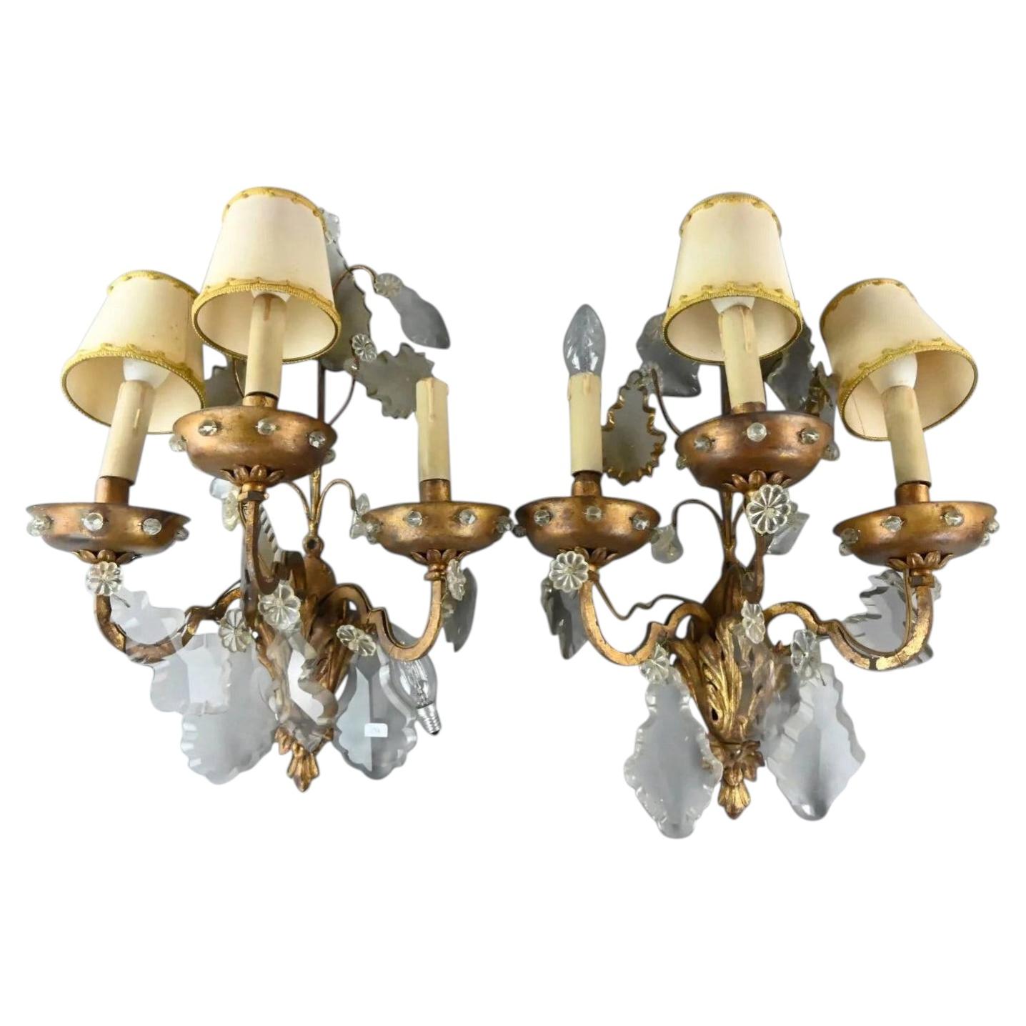 Pair of Wall Lights in Gilded Metal and Glass, 1950s, Maison Bagues For Sale