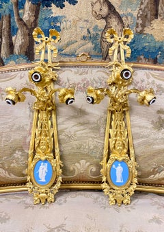 Pair of Wall Lights in Gilt Bronze and Wedgwood, Napoleon III in Beurdeley Style