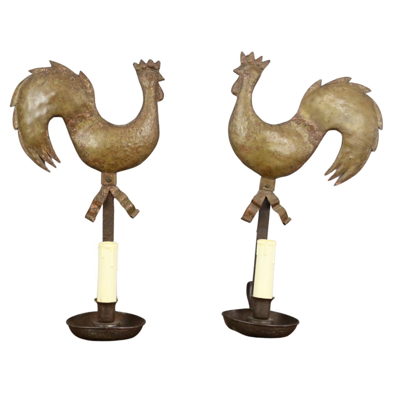 Pair of wall lights in hammered iron with rooster decoration, 1940-1950, France For Sale
