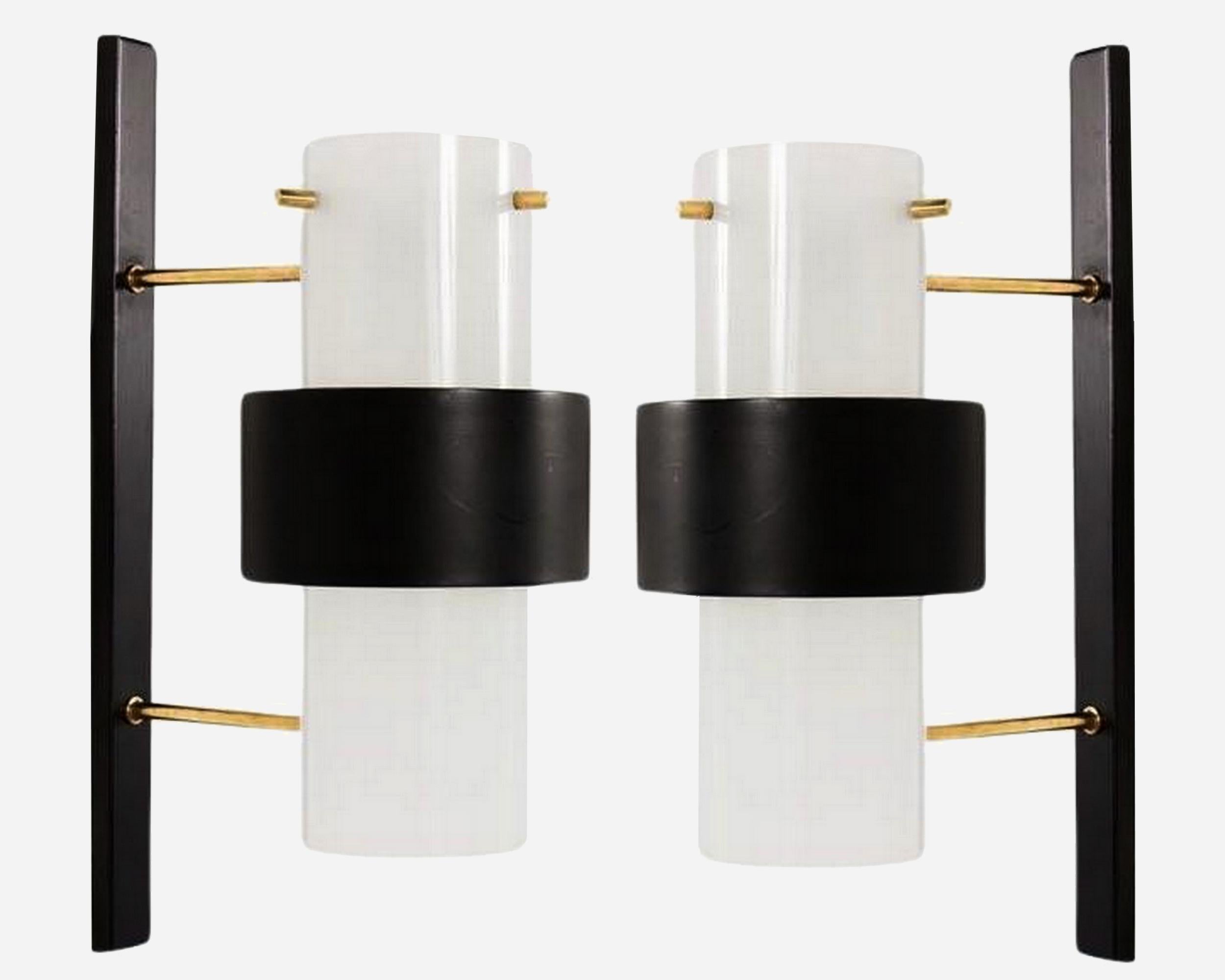 Pair of sconces in perspex, brass and black lacquered metal, designed by Royal Lumière and published by Maison Lunel.