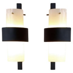 Vintage Pair of wall lights in perspex, brass, lacquered metal, Lunel, France circa 1960