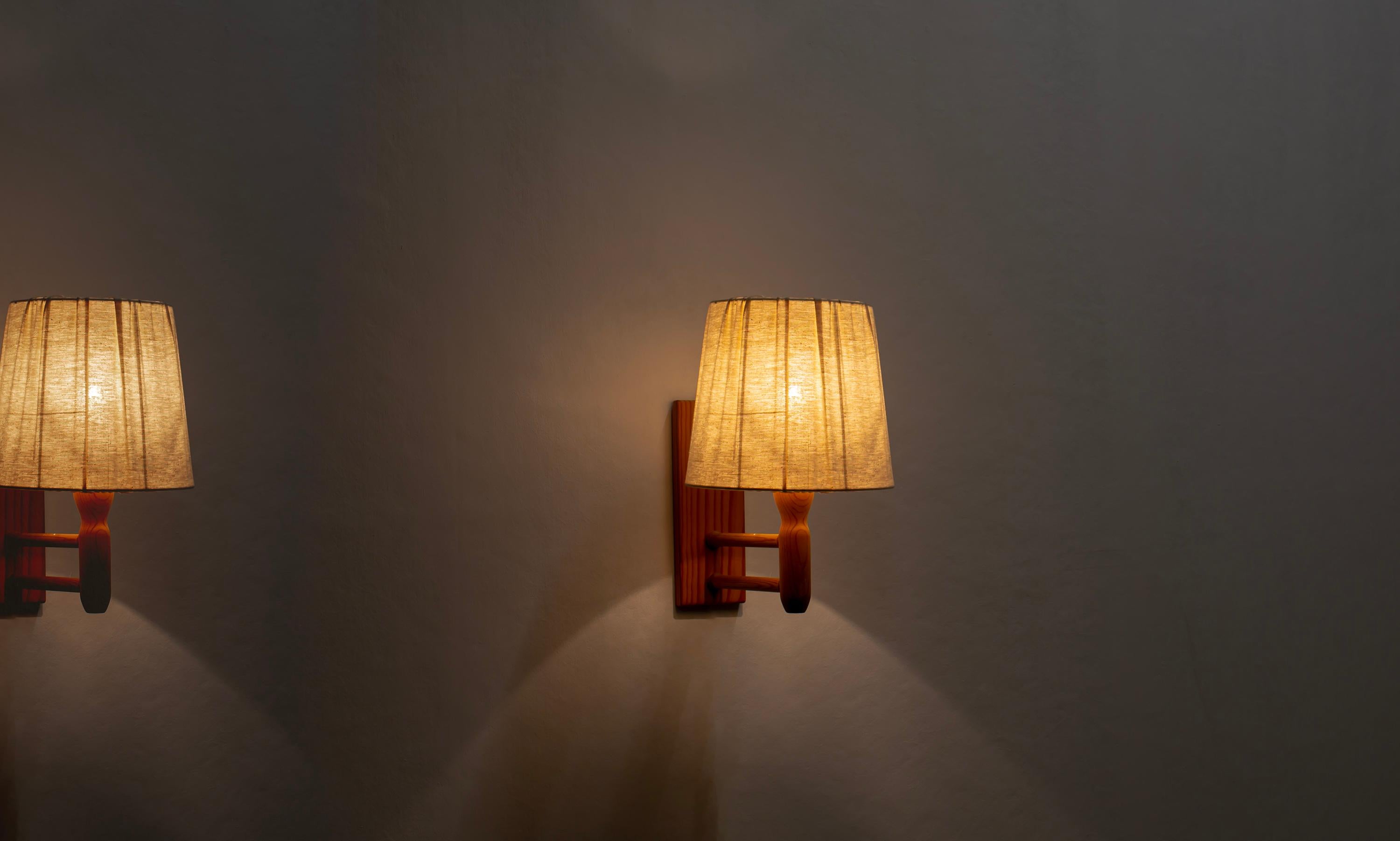 Fabric Pair of Wall Lights in Pine, Norway, 1960s For Sale
