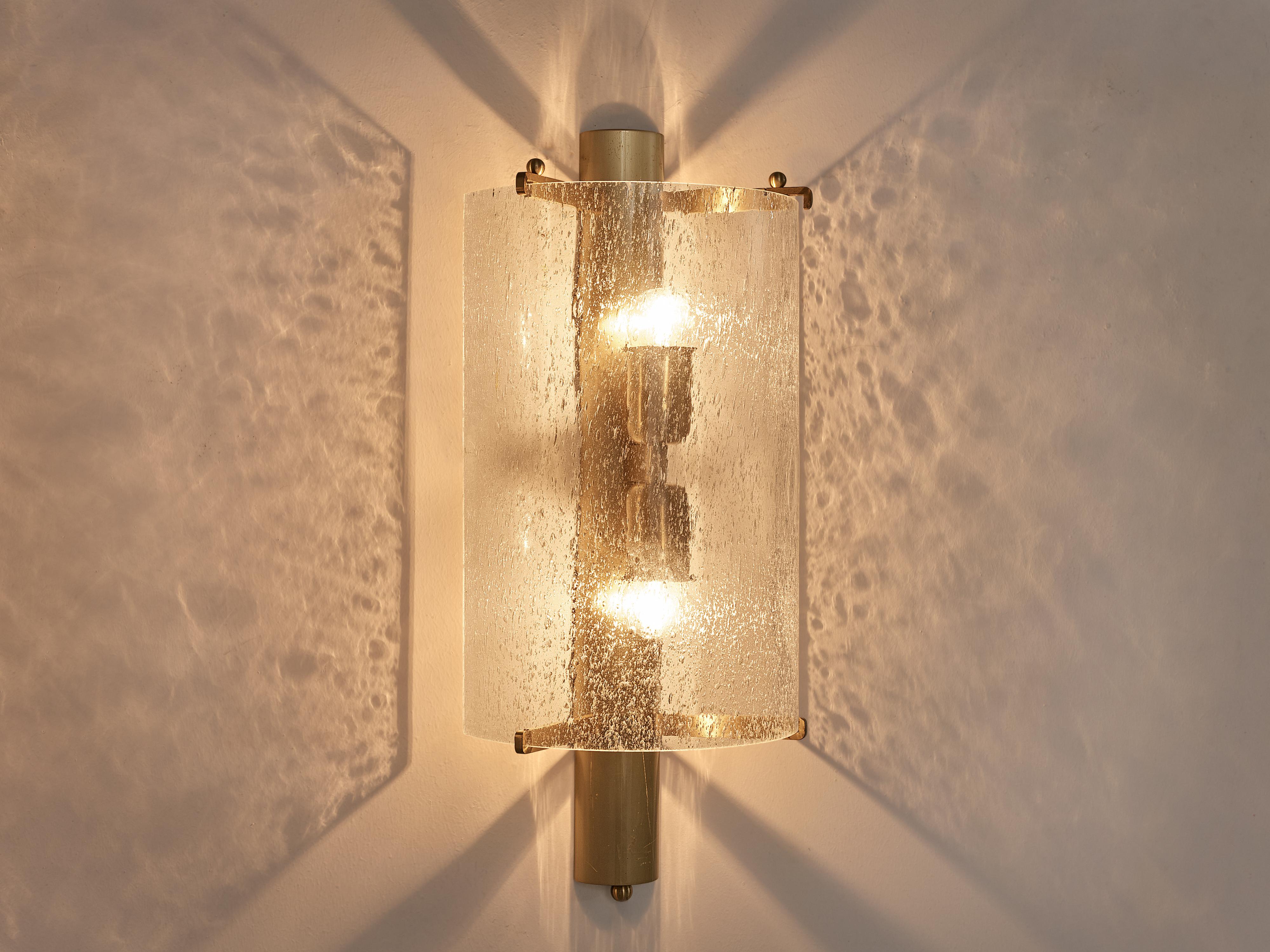 Mid-Century Modern Pair of Wall Lights in Structured Glass and Brass