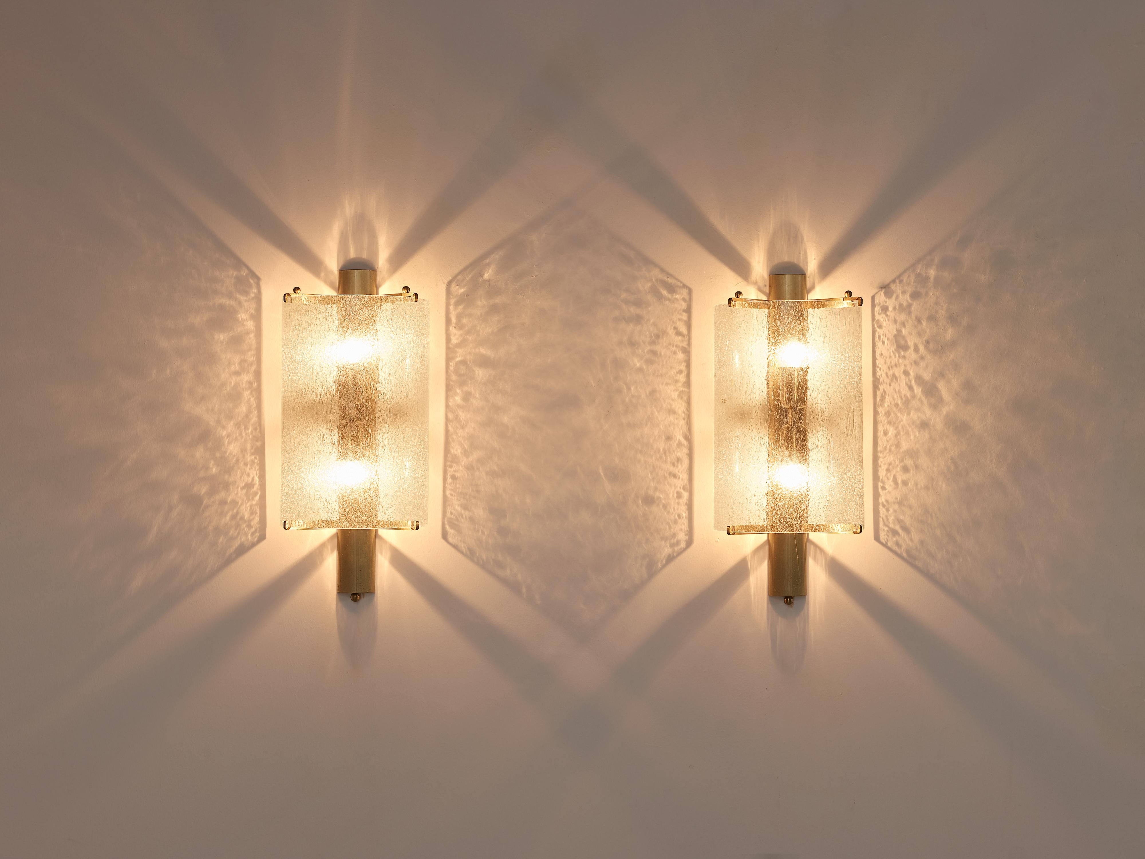 European Pair of Wall Lights in Structured Glass and Brass