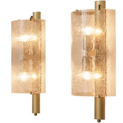 Pair of Wall Lights in Structured Glass and Brass