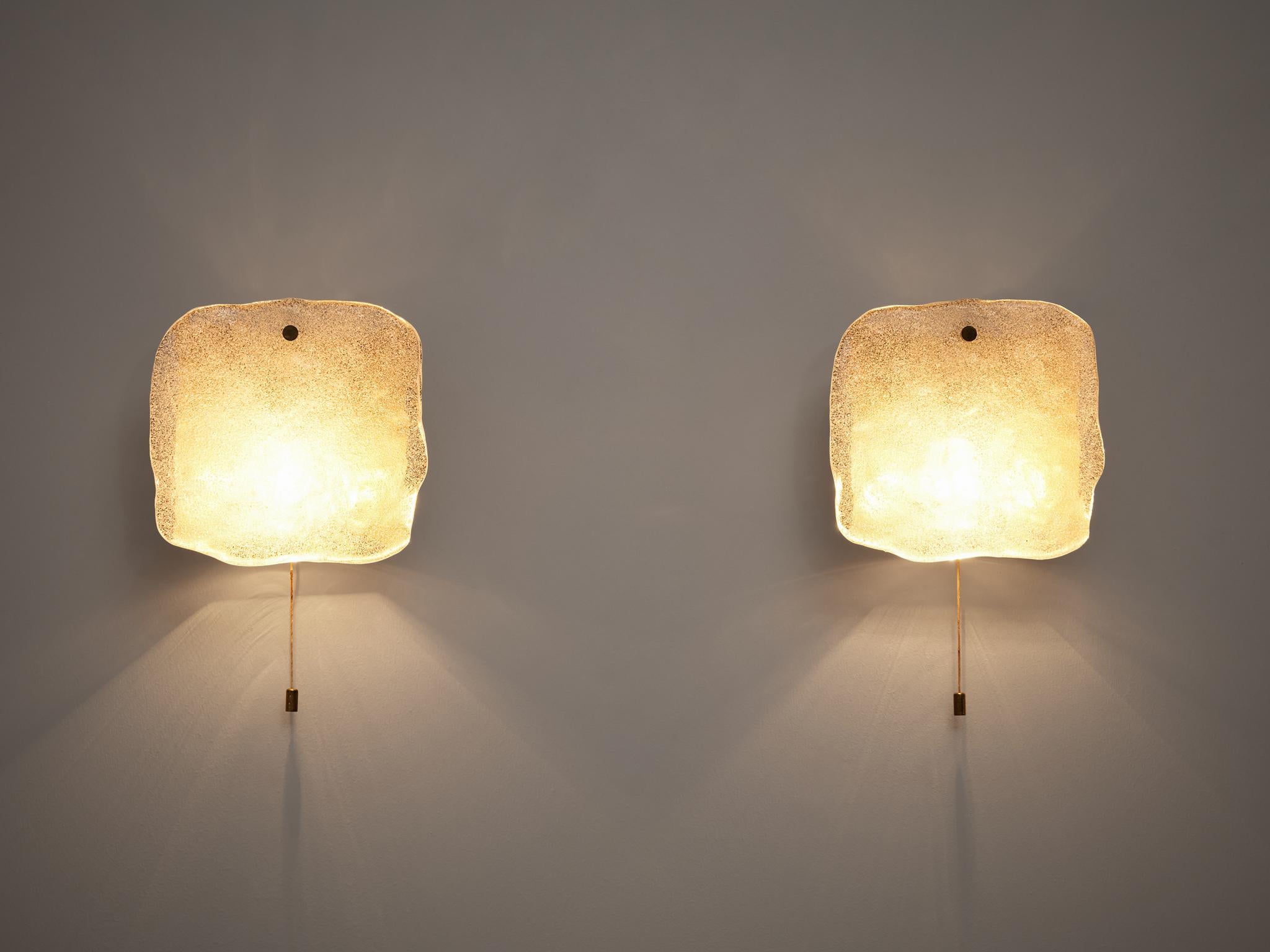 European Pair of Wall Lights in Thick Glass and Brass