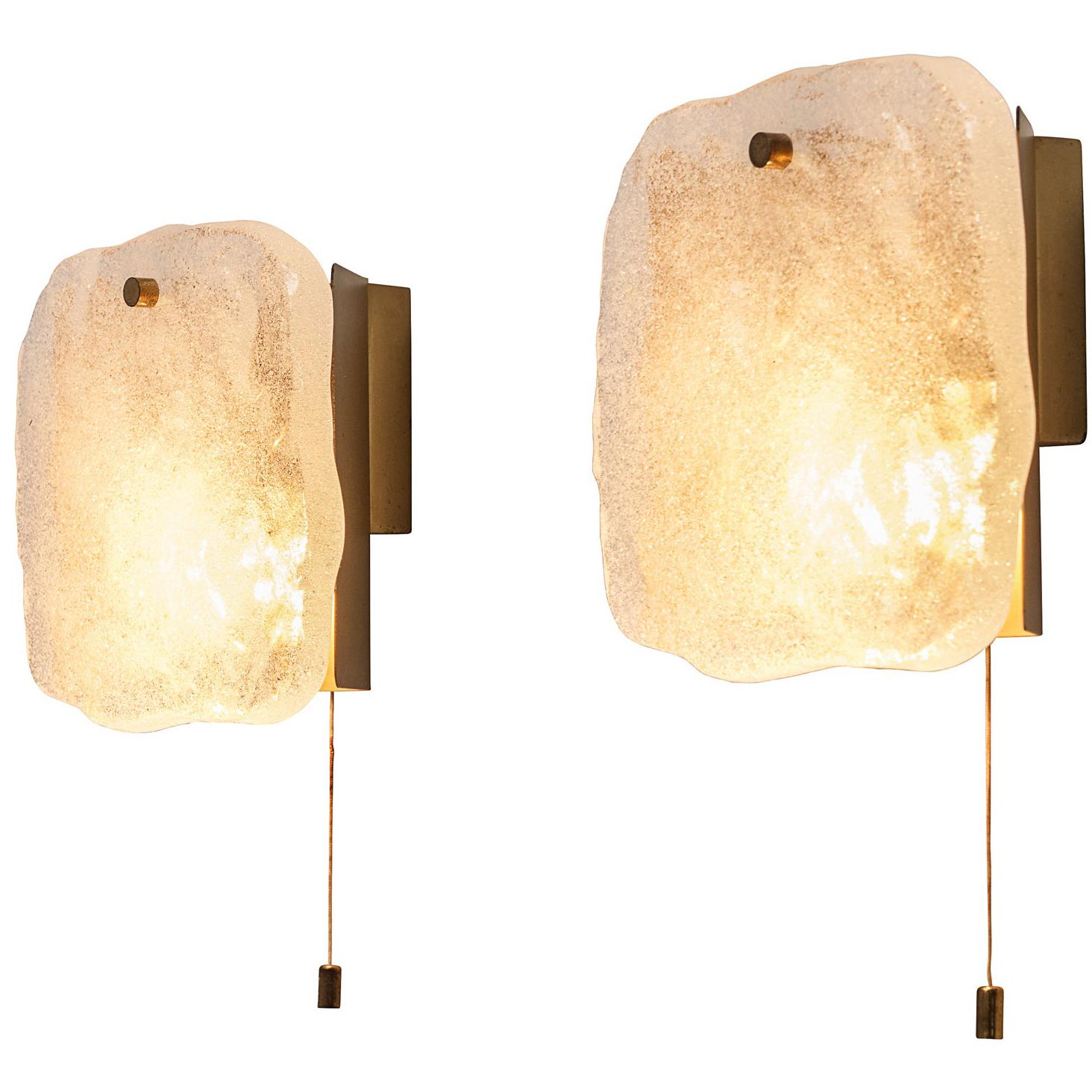 Pair of Wall Lights in Thick Glass and Brass