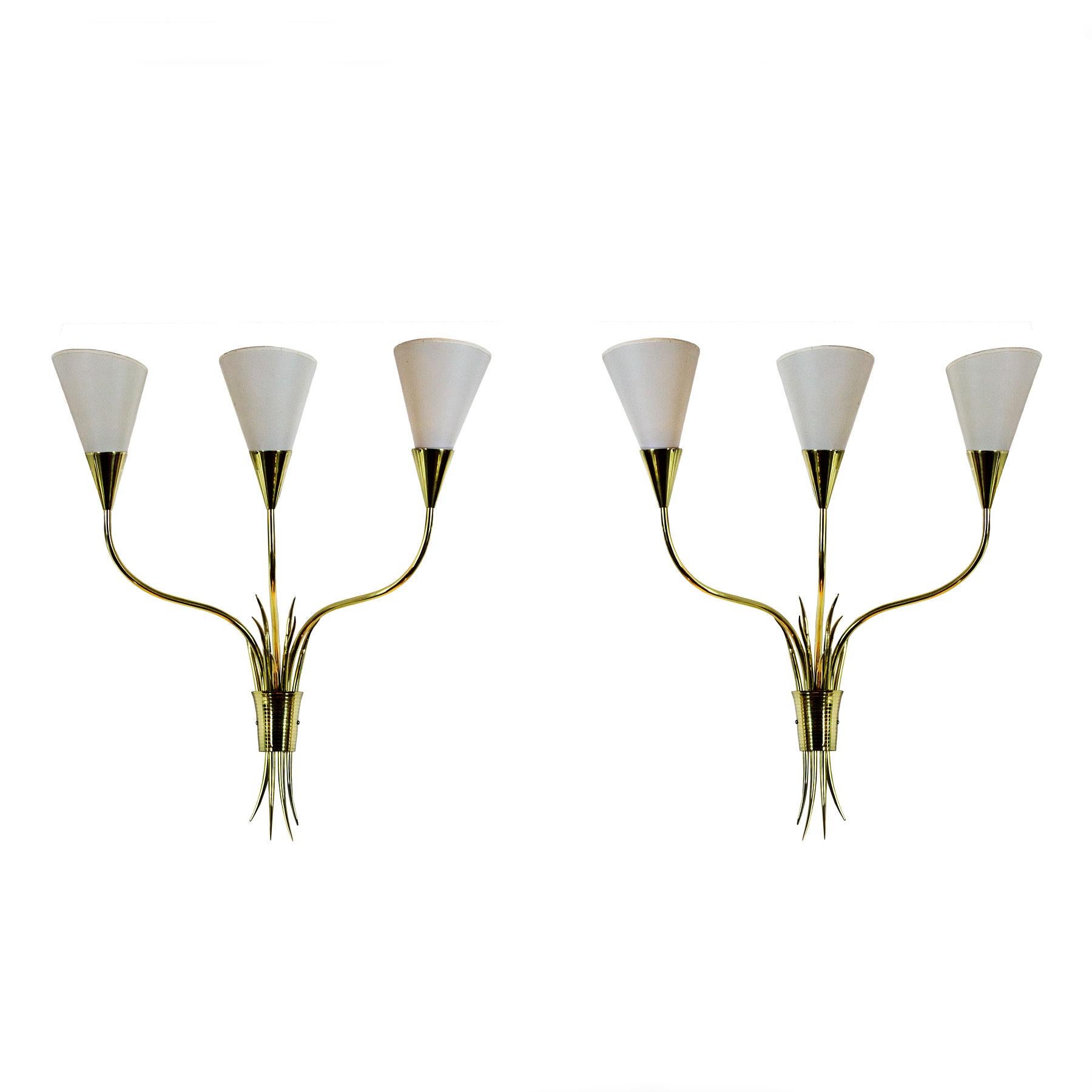 Pair of Wall Lights, Polished Brass, Celluloid Lampshades, France, 1955-1960