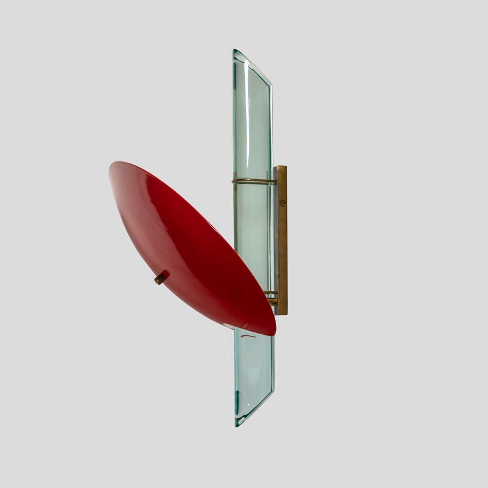 Paar Wandleuchten Rot emaillierte Schirme Klarglas Design von Roberto Rida (Italienisch) im Angebot