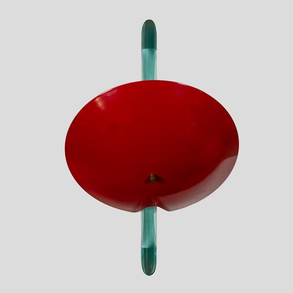 Paar Wandleuchten Rot emaillierte Schirme Klarglas Design von Roberto Rida im Zustand „Gut“ im Angebot in London, GB