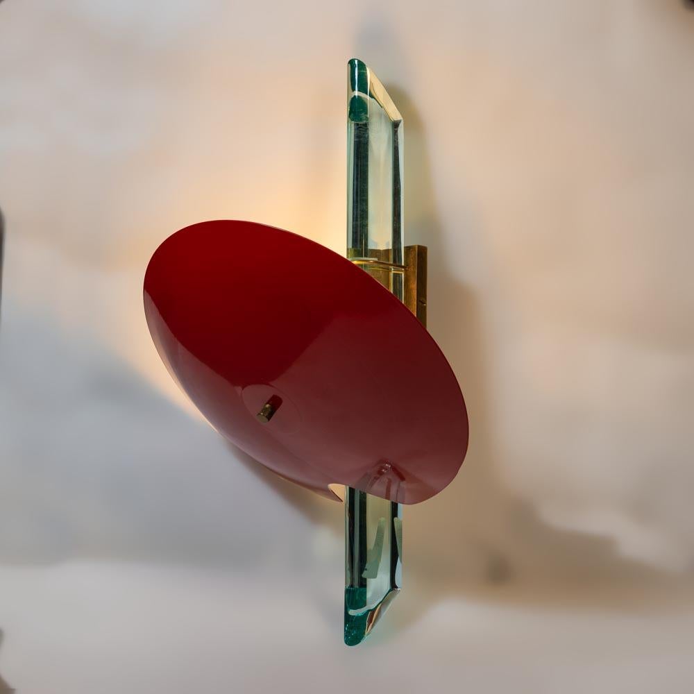 Contemporary Pair of Wall Lights Red Enamelled Shades Clear Glass Design by Roberto Rida For Sale