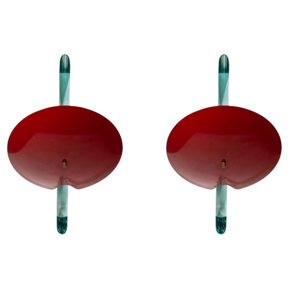Pair of Wall Lights Red Enamelled Shades Clear Glass Design by Roberto Rida For Sale