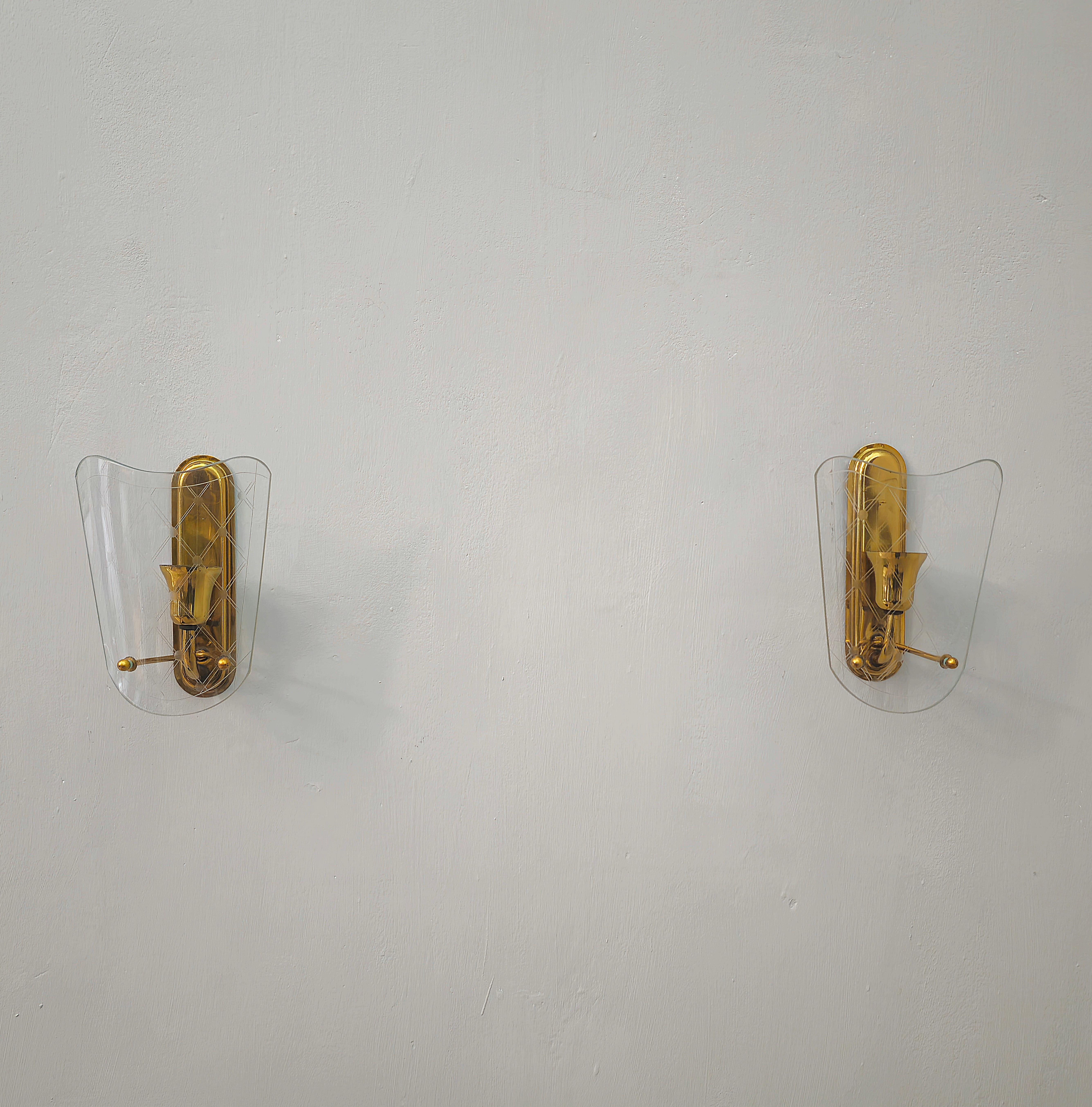 Pair of Wall Lights Sconces Brass Decorated Glass Midcentury Italian Design 1950 1