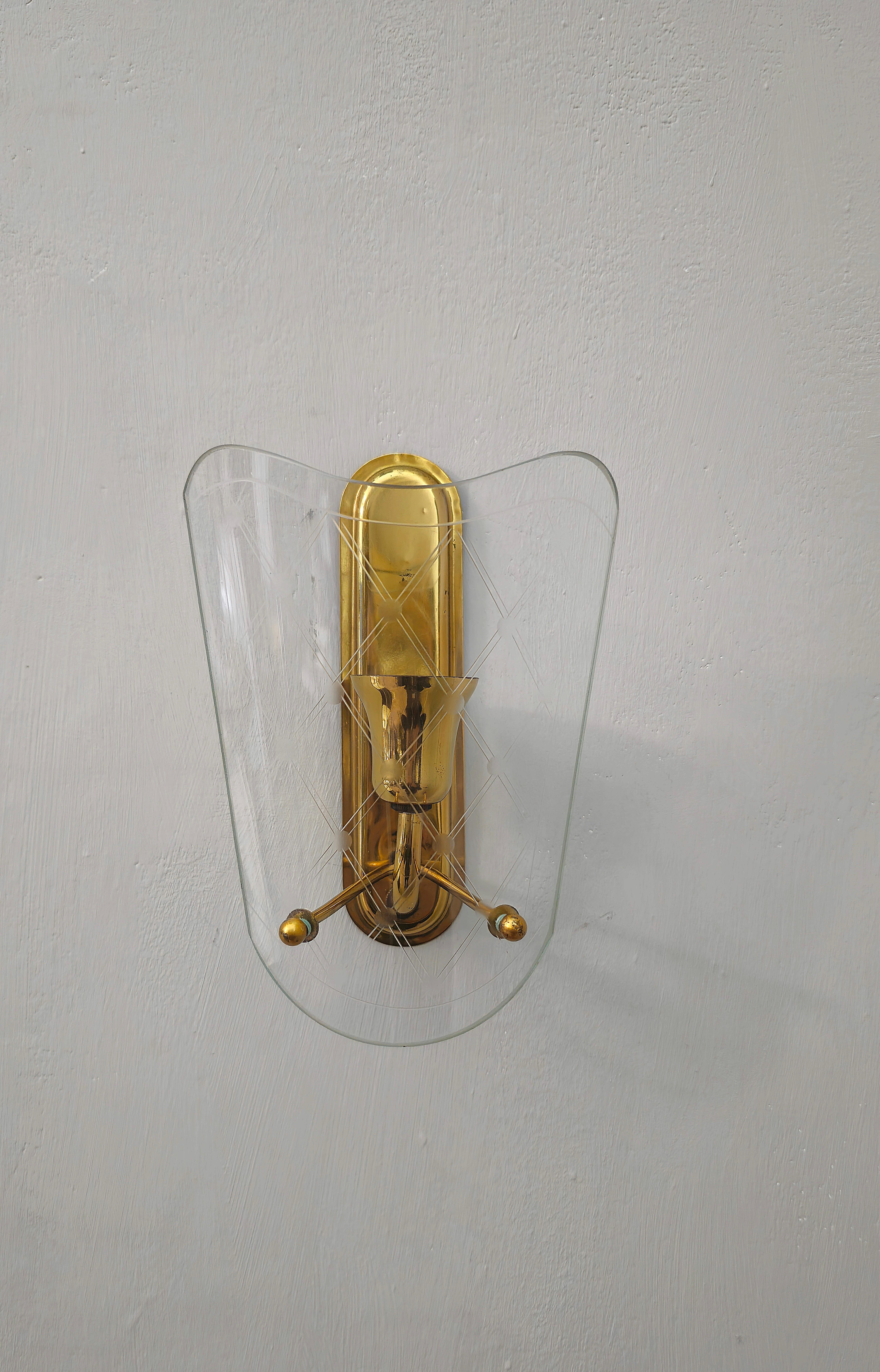 Pair of Wall Lights Sconces Brass Decorated Glass Midcentury Italian Design 1950 4